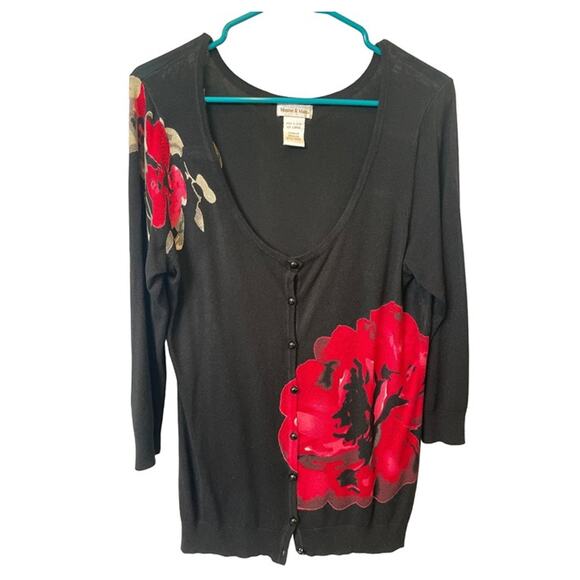 Monroe & Main floral lightweight black cardigan sweater red flower Size L - Picture 1 of 3